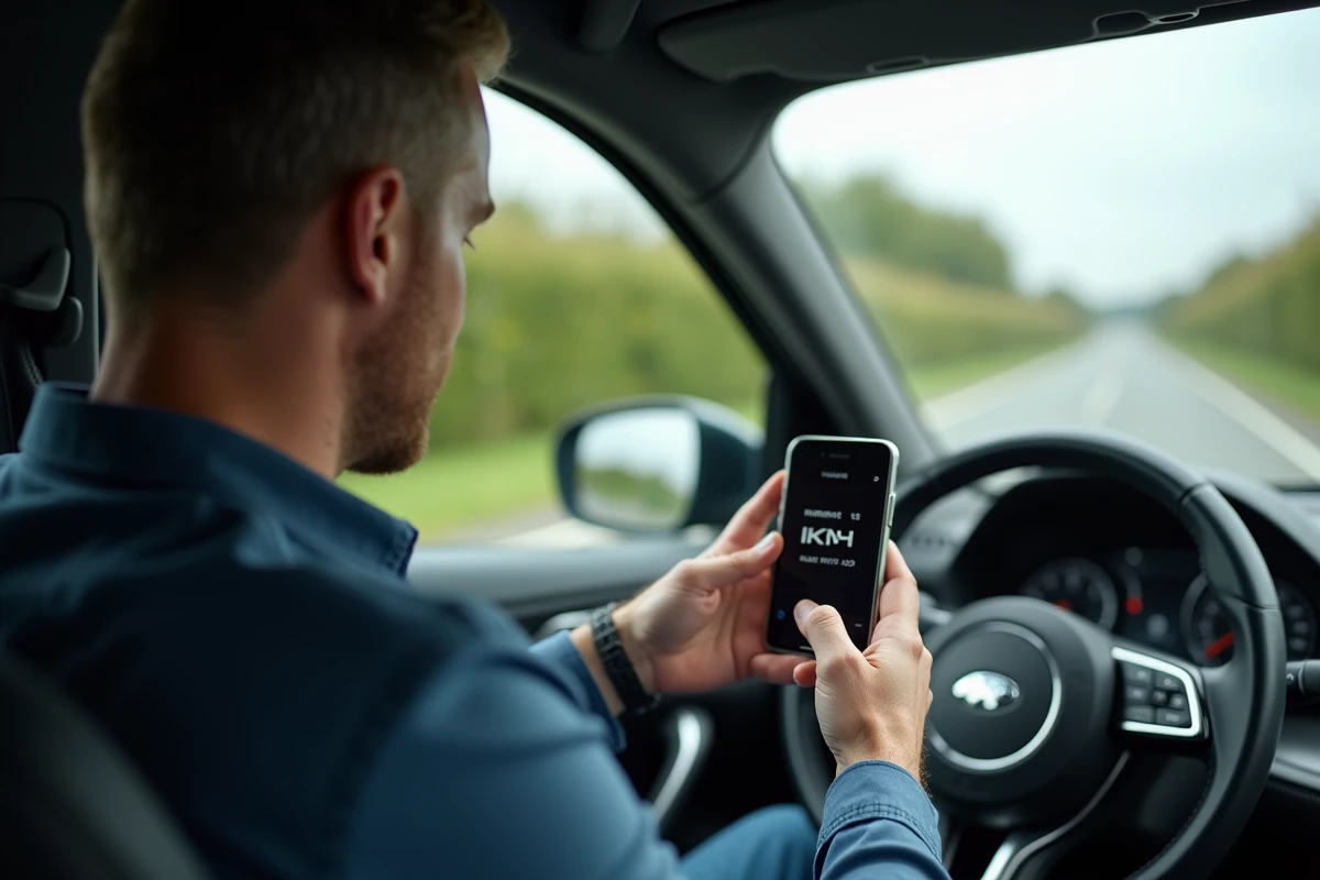 Conducteur consultant une application de conversion mph en kmh sur smartphone dans une voiture britannique