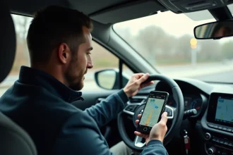 Conducteur consultant Google Maps avec radars affichés sur son smartphone monté dans une voiture moderne