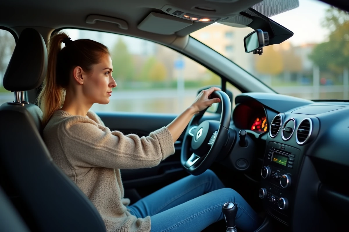 Conductrice inquiète montrant le message d'alerte injection à contrôler affiché sur le tableau de bord de sa Renault Clio 5
