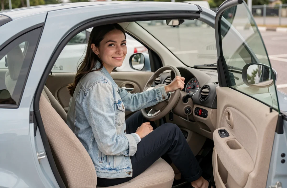 Jeune femme au volant d'une voiture sans permis Chatenet, intérieur compact