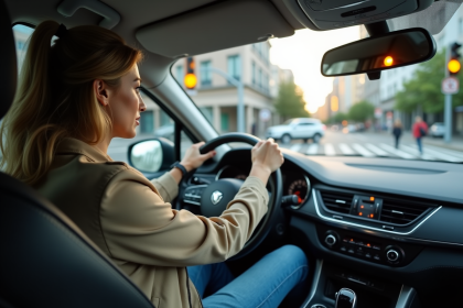 Femme conductrice regardant un feu jaune dans une voiture moderne
