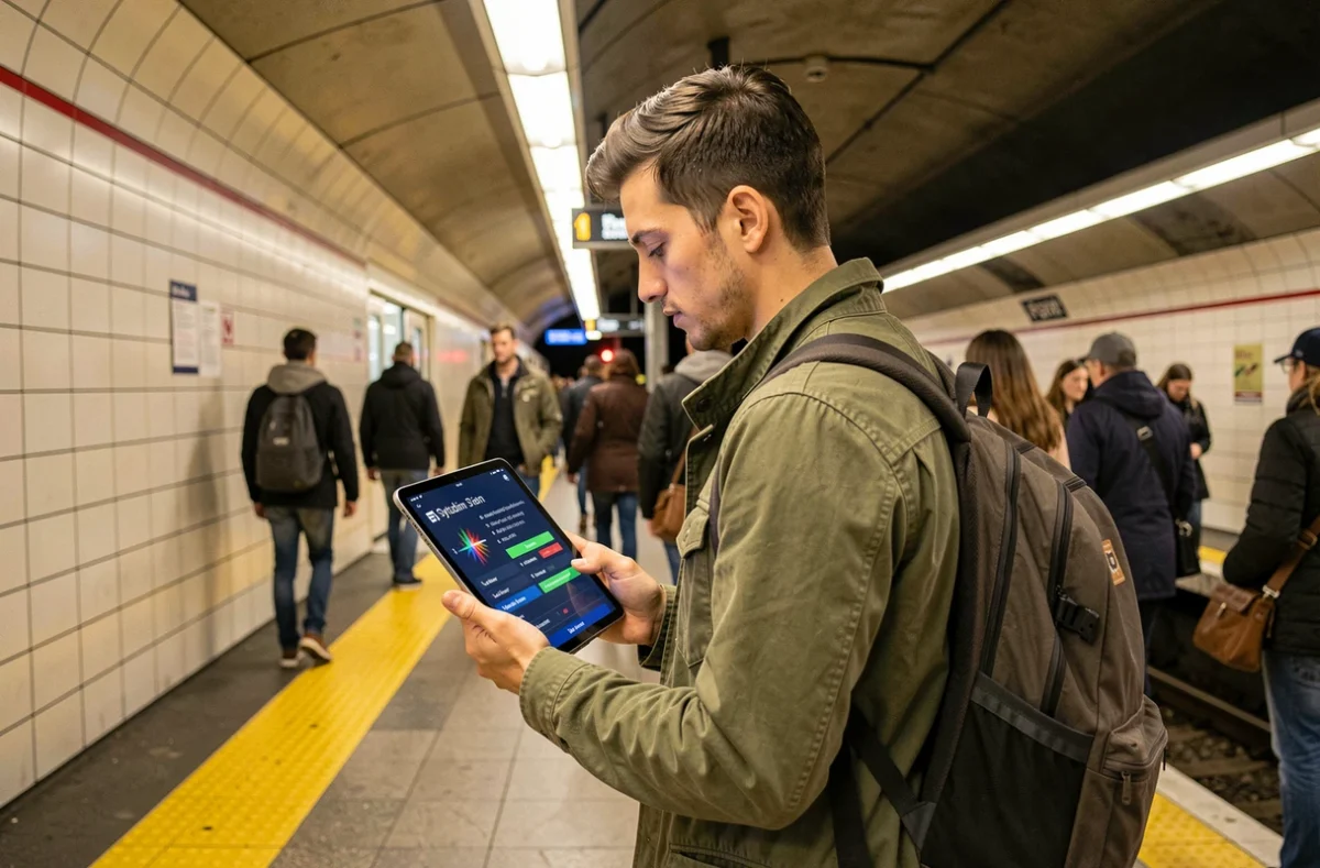 Jeune cadre consultant les alertes trafic Sytadin sur tablette dans une station RER parisienne
