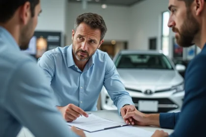 Homme examinant un contrat de location voiture 59 euros par mois chez un concessionnaire automobile