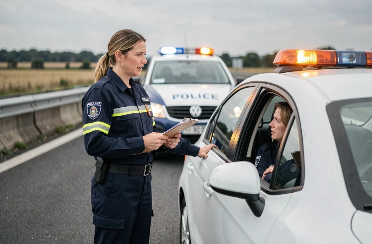 Gendarme contrôlant un véhicule en panne sur le bord d'une autoroute lors d'une vérification de roue de secours