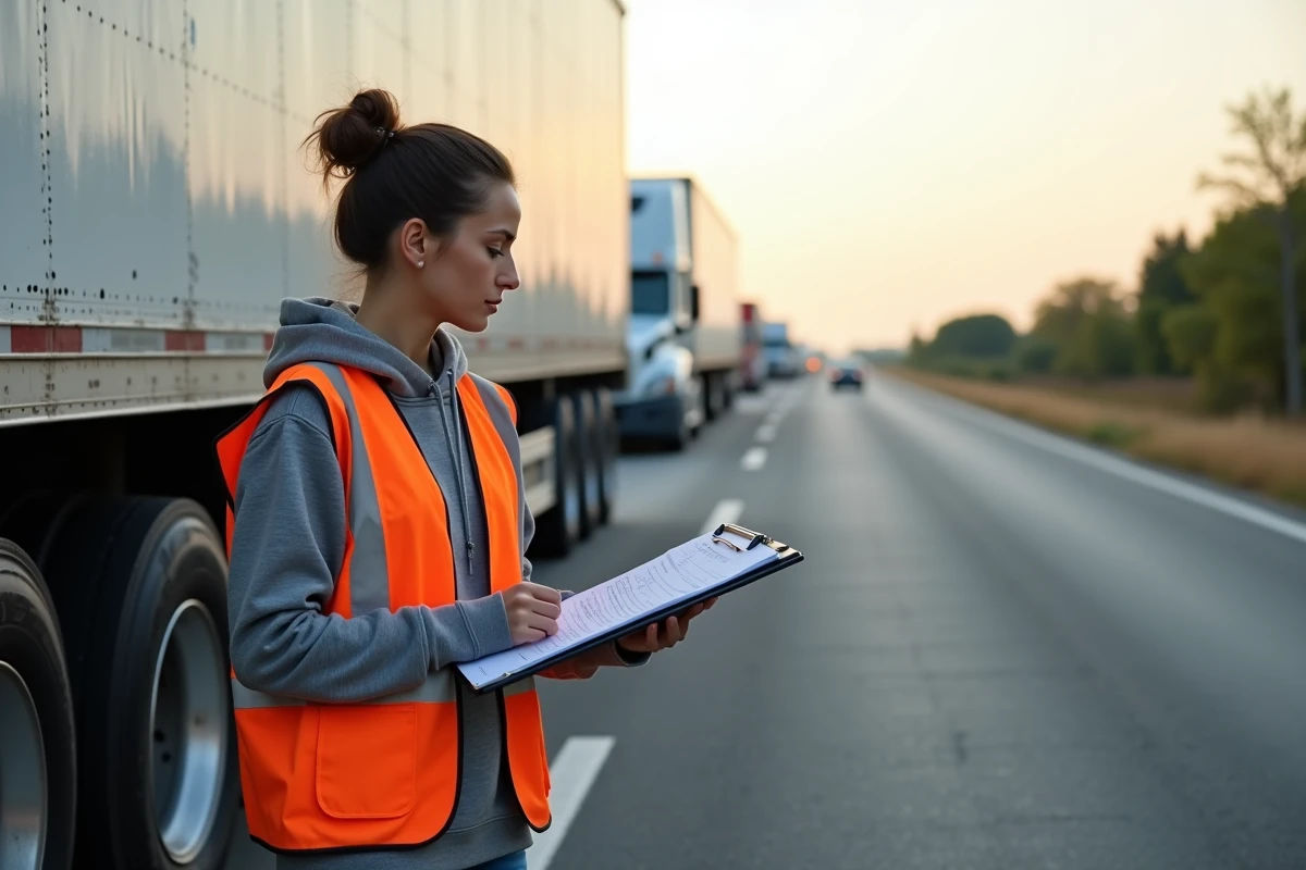 Femme technicienne contrôlant les pneus d'une remorque tandem avec une liste de vérification dans une aire de repos autoroutière