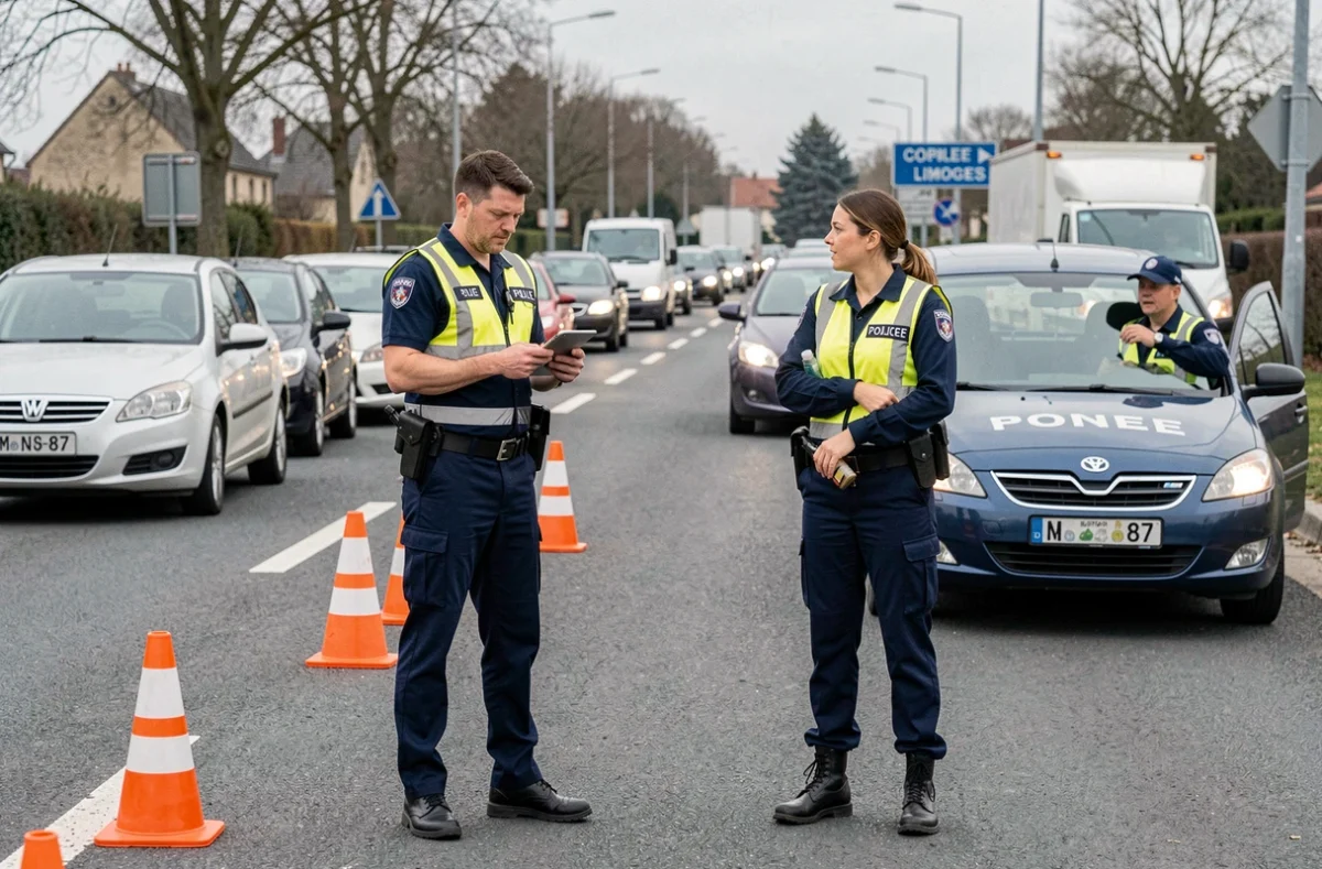 Deux policiers effectuant un contrôle routier avec vérification de plaques d'immatriculation LV près de Limoges