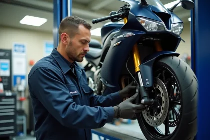 Mécanicien effectuant le contrôle technique d'une moto dans un garage agréé