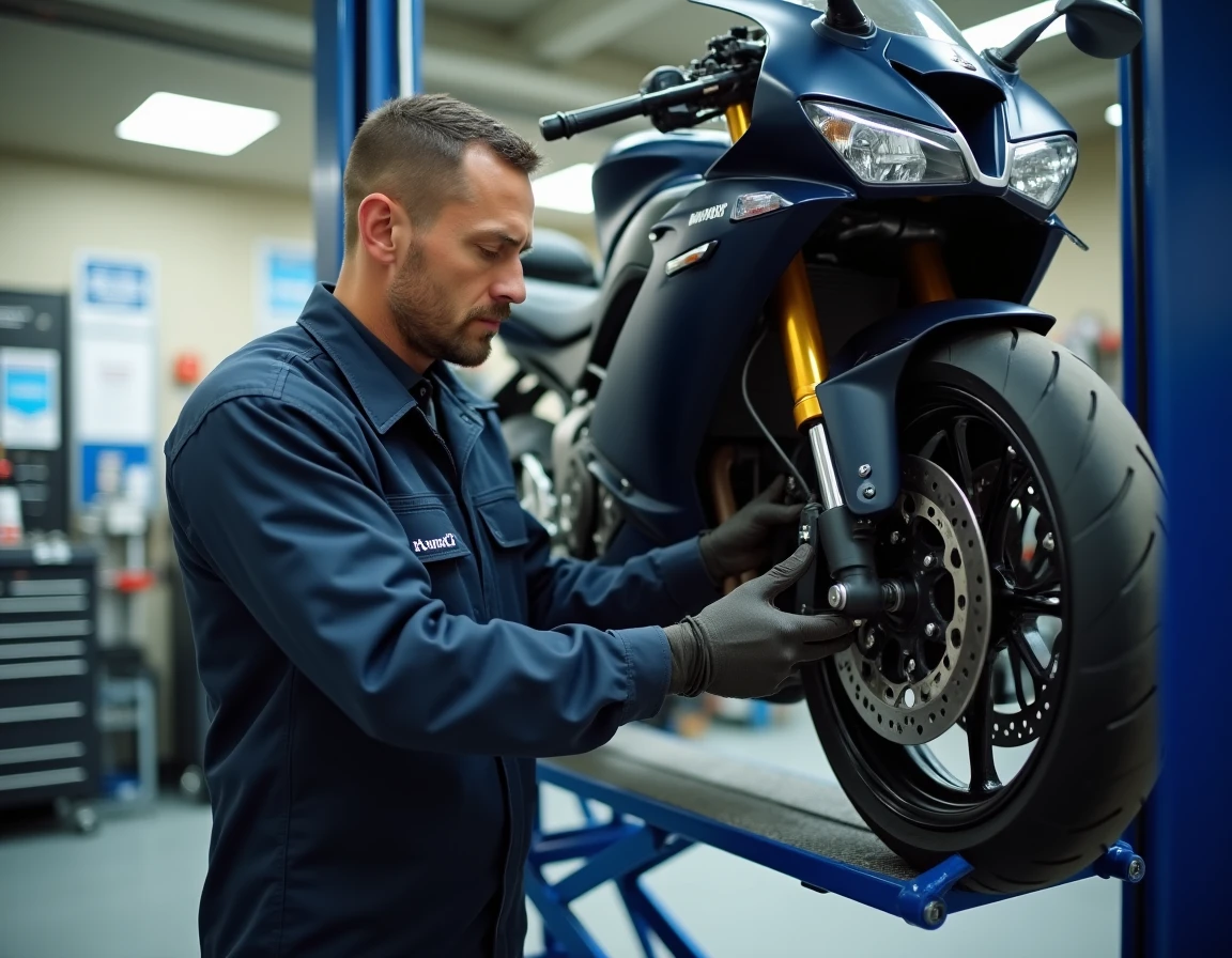 Mécanicien effectuant le contrôle technique d'une moto dans un garage agréé
