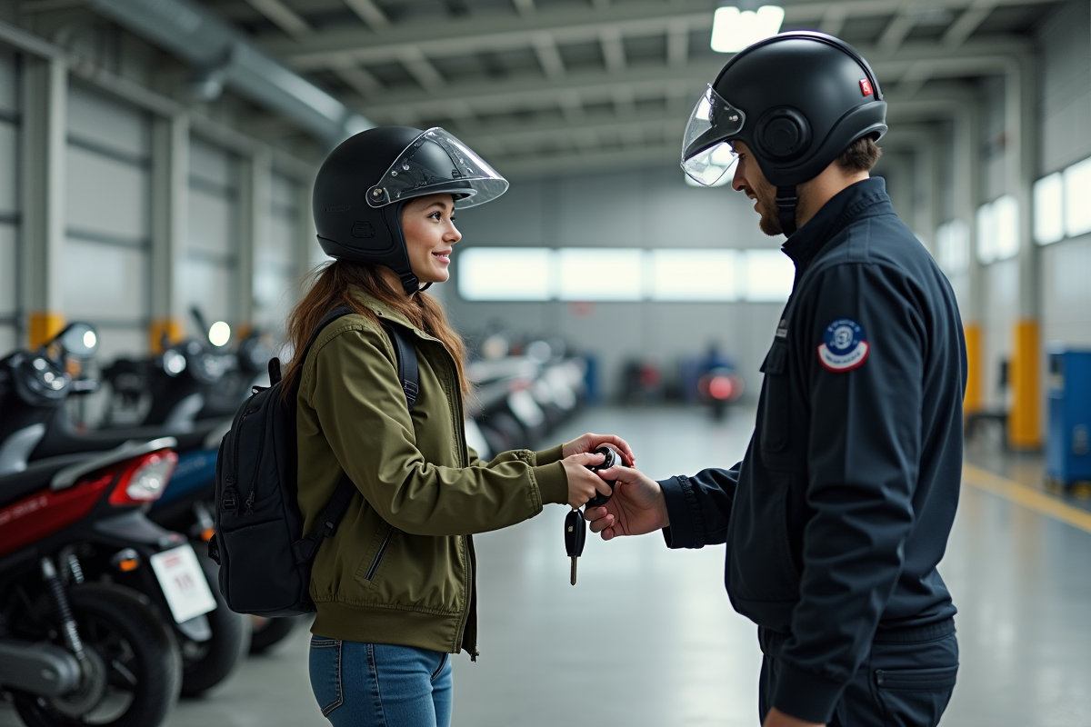 Jeune femme remet ses clés à inspecteur dans centre