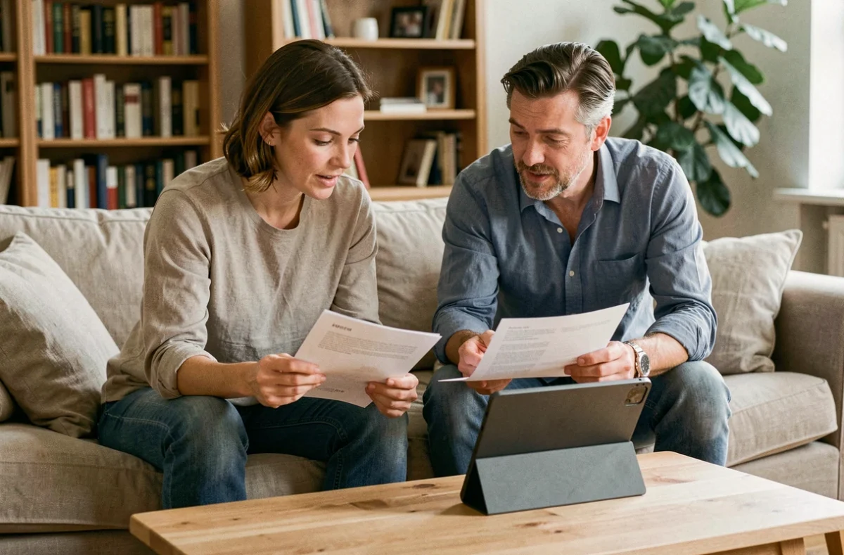 Couple examinant des documents d'assurance auto et des avis clients MACIF dans leur salon