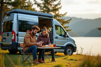Jeune couple souriant préparant le petit déjeuner au lac