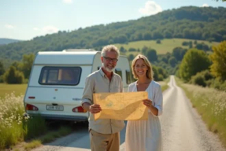 Couple souriant avec une caravane d'occasion pas chère en bord de route à la campagne française