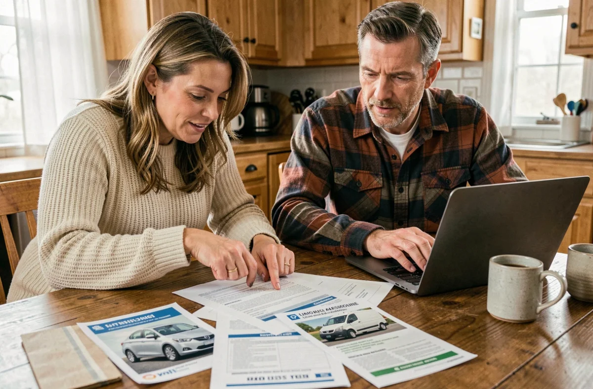 Couple comparant des offres d'assurance auto pour différents types de véhicules à la maison