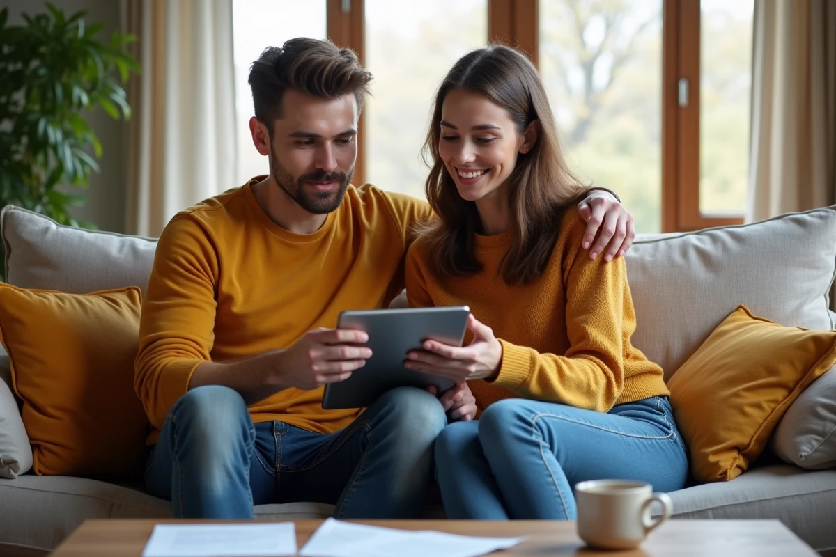Couple consultant ensemble l'application Victor by Direct Assurance sur tablette pour gérer leur contrat auto