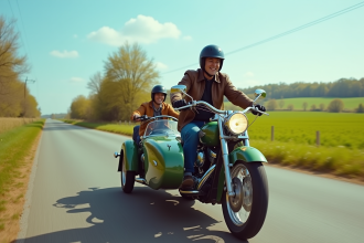 Couple confiant en moto avec sidecar sur route en campagne