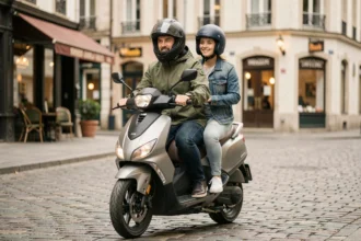 Couple à deux sur un scooter urbain portant des casques homologués dans une rue pavée européenne