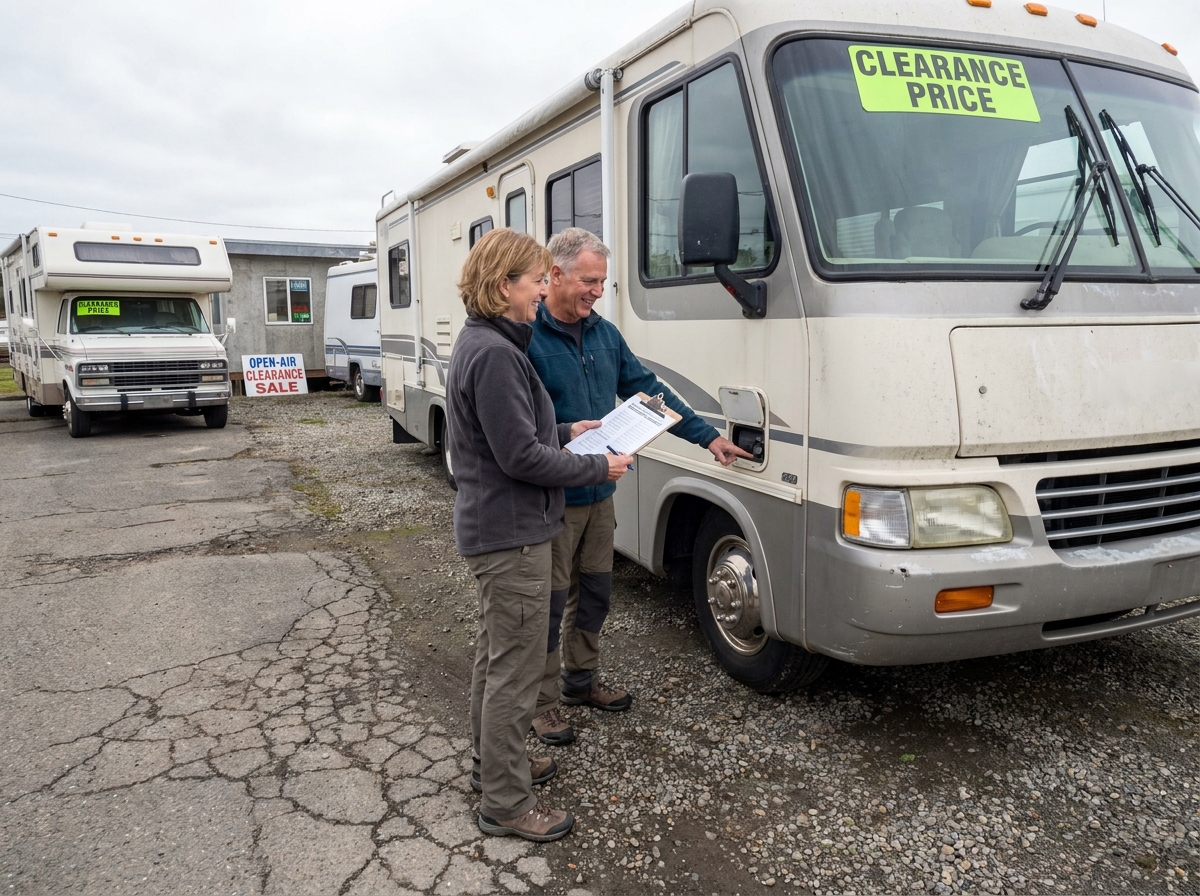 Couple consultant une liste de vérification devant des camping-cars d'occasion lors d'un déstockage en plein air