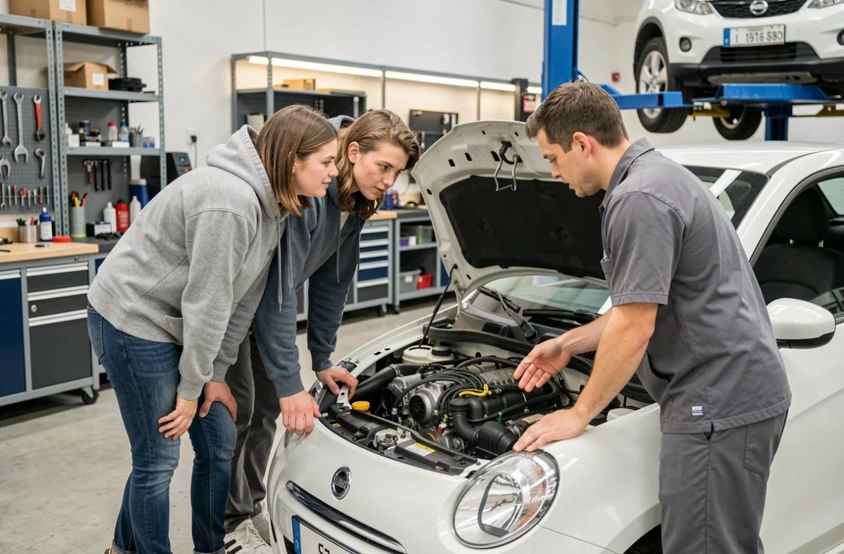 Couple écoutant un mécanicien expliquer le moteur d'une voiture sans permis dans un atelier de concession