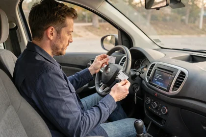 Homme consultant un code d'autoradio Clio 4 assis dans l'habitacle de sa voiture