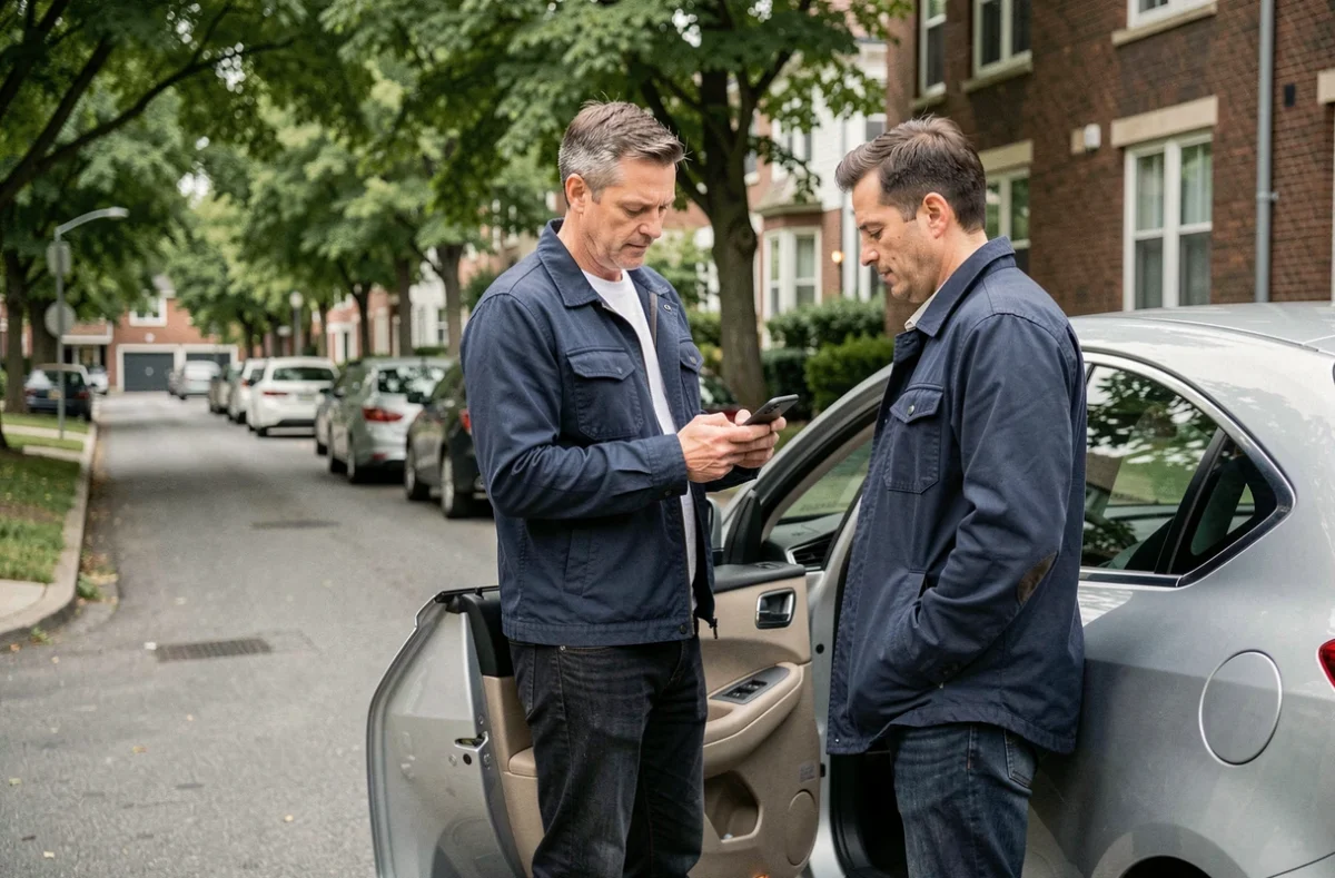 Homme utilisant son smartphone pour obtenir un devis assurance auto sans inscription à côté de sa voiture dans une rue résidentielle