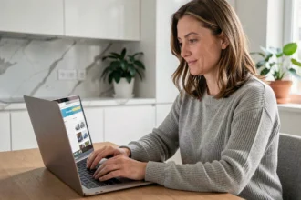 Femme obtenant un devis assurance auto en ligne sans inscription sur son ordinateur portable dans une cuisine moderne
