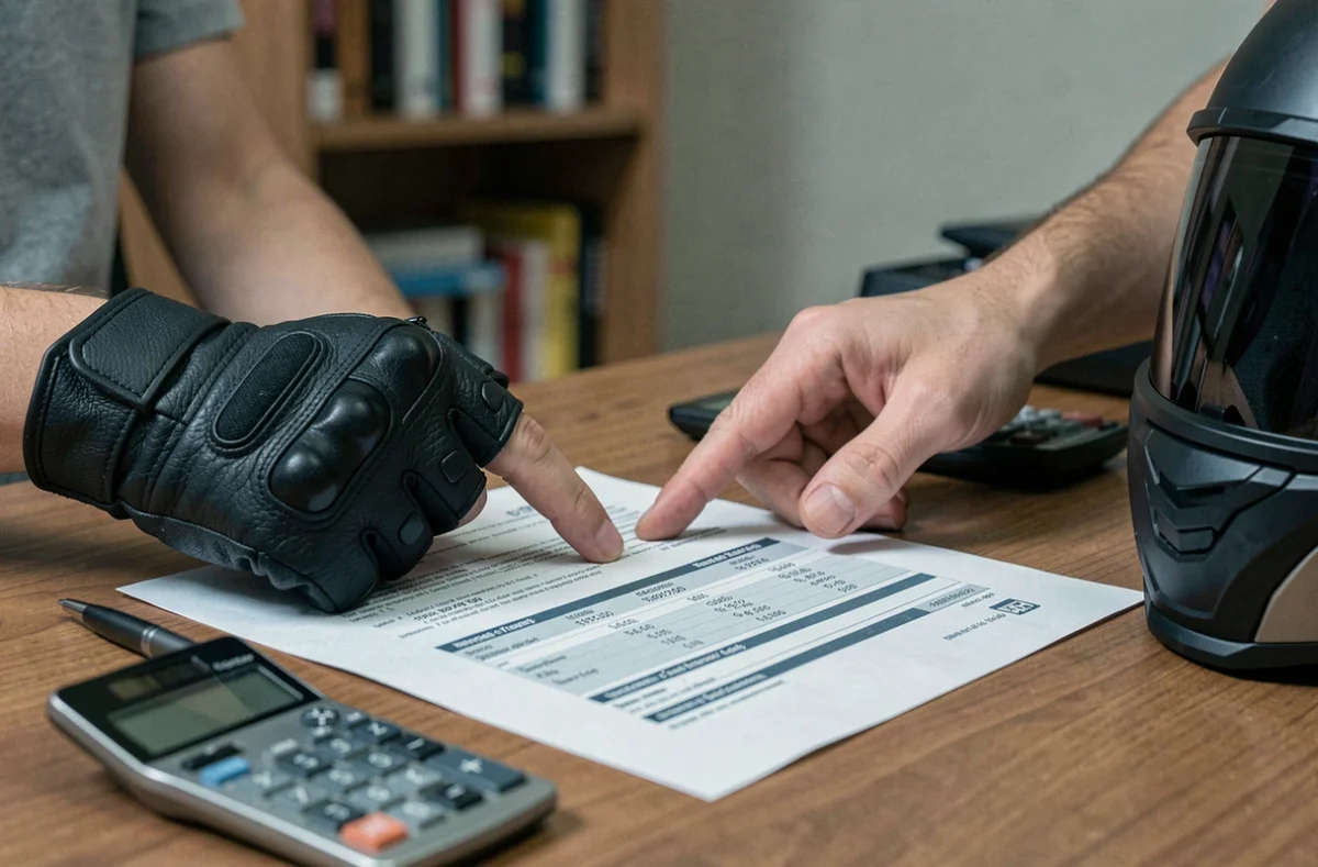 Gros plan de mains pointant un devis d'assurance moto 125cc pour mineur sur un bureau