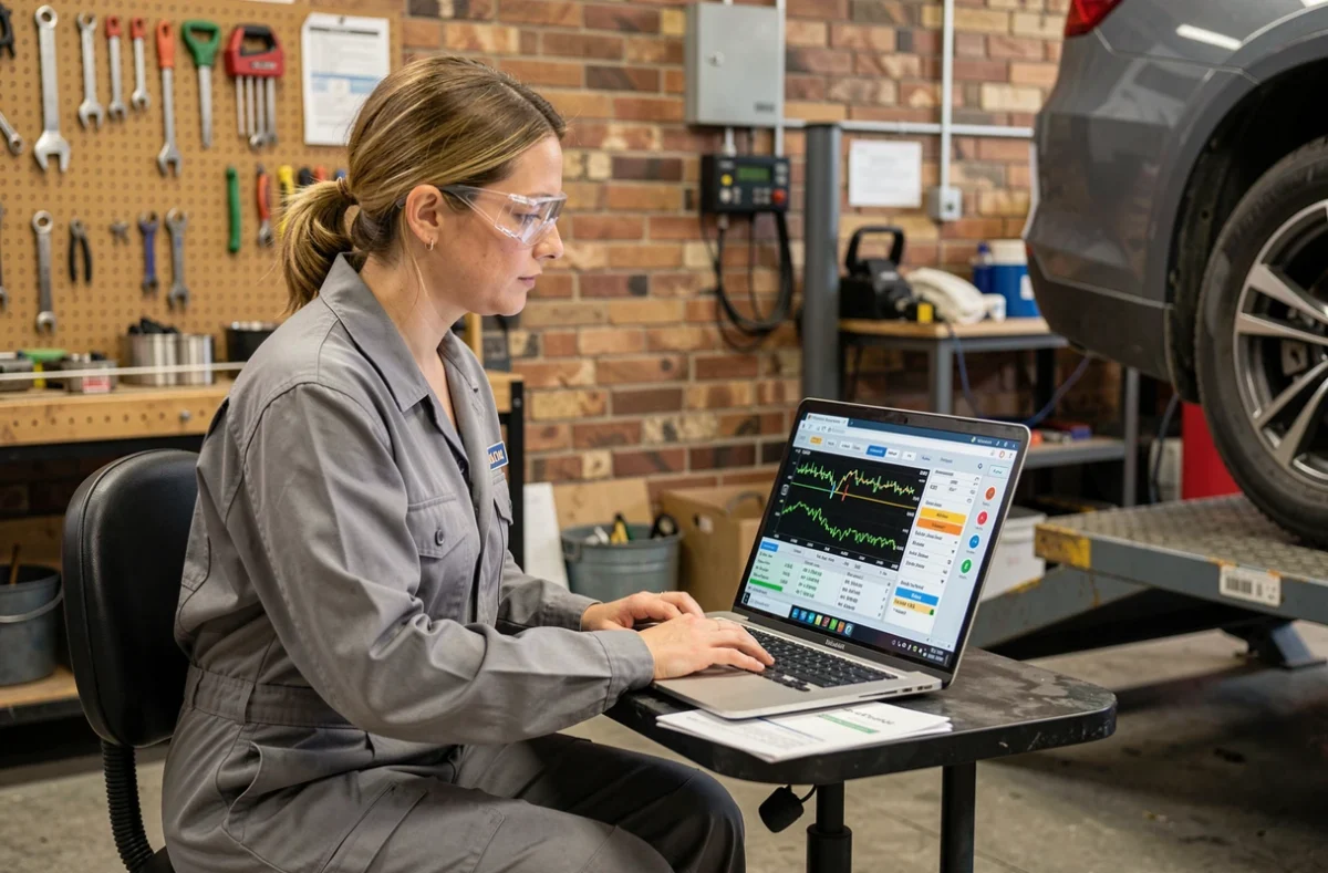 Technicienne automobile analysant les données du capteur ABS sur un logiciel de diagnostic OBD2 après remplacement du moyeu