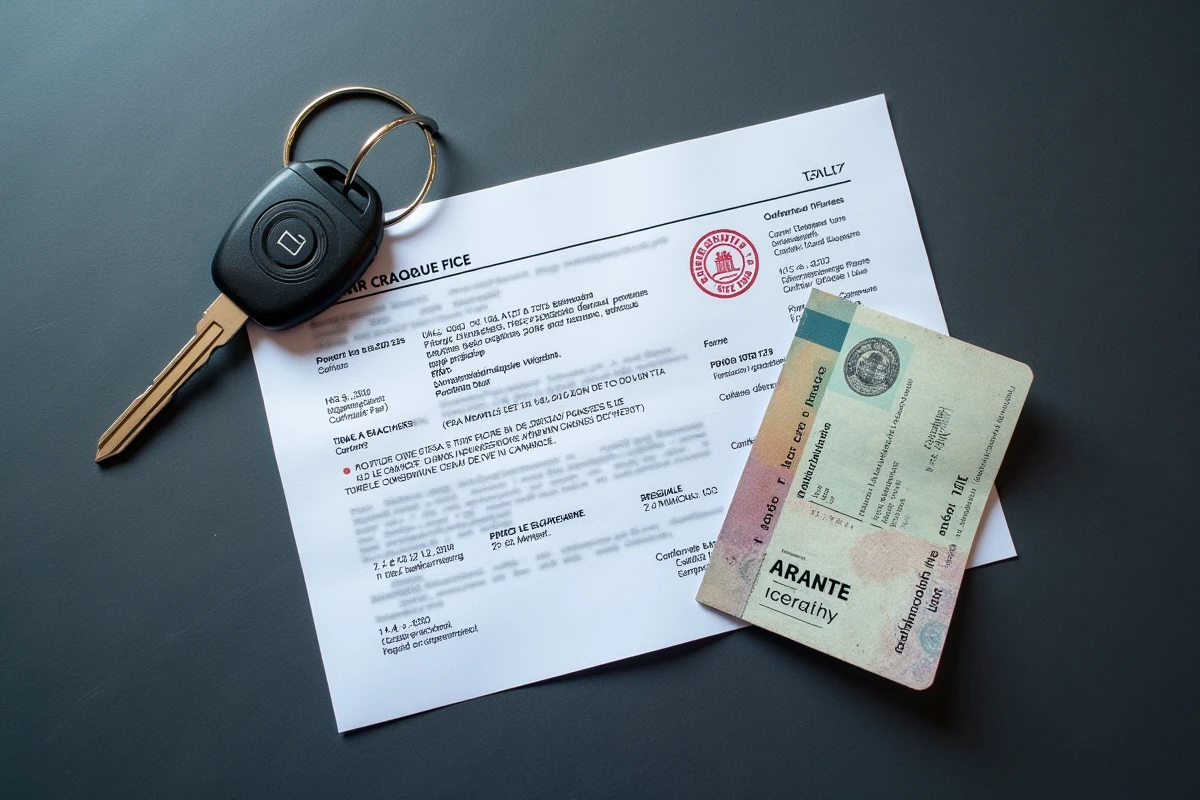 Gros plan d'un document officiel de contravention de 5ème classe avec permis de conduire et clé de voiture