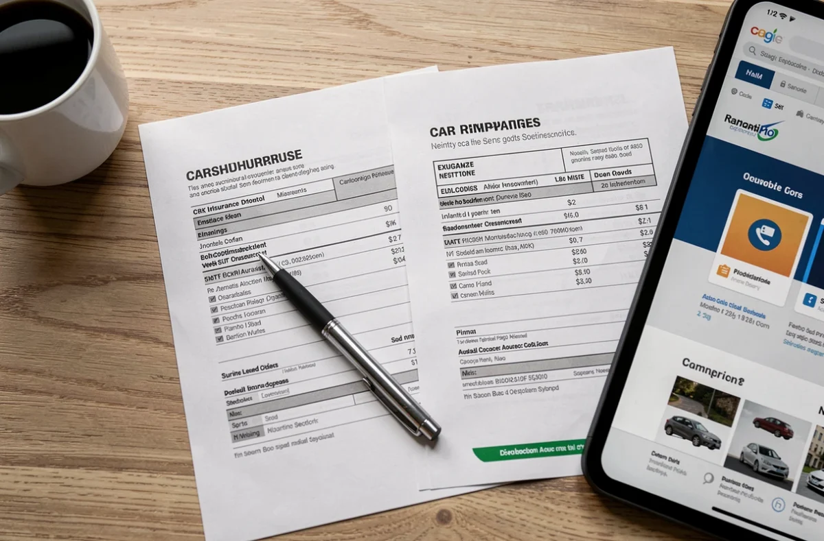 Documents de comparaison d'assurance auto posés sur un bureau avec une tablette affichant un comparateur en ligne