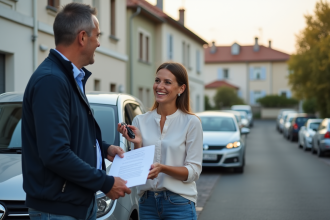 Homme remettant des clés à une femme souriante devant une voiture