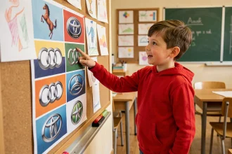 Enfant découvrant les logos de marques de voitures sur une affiche éducative en classe