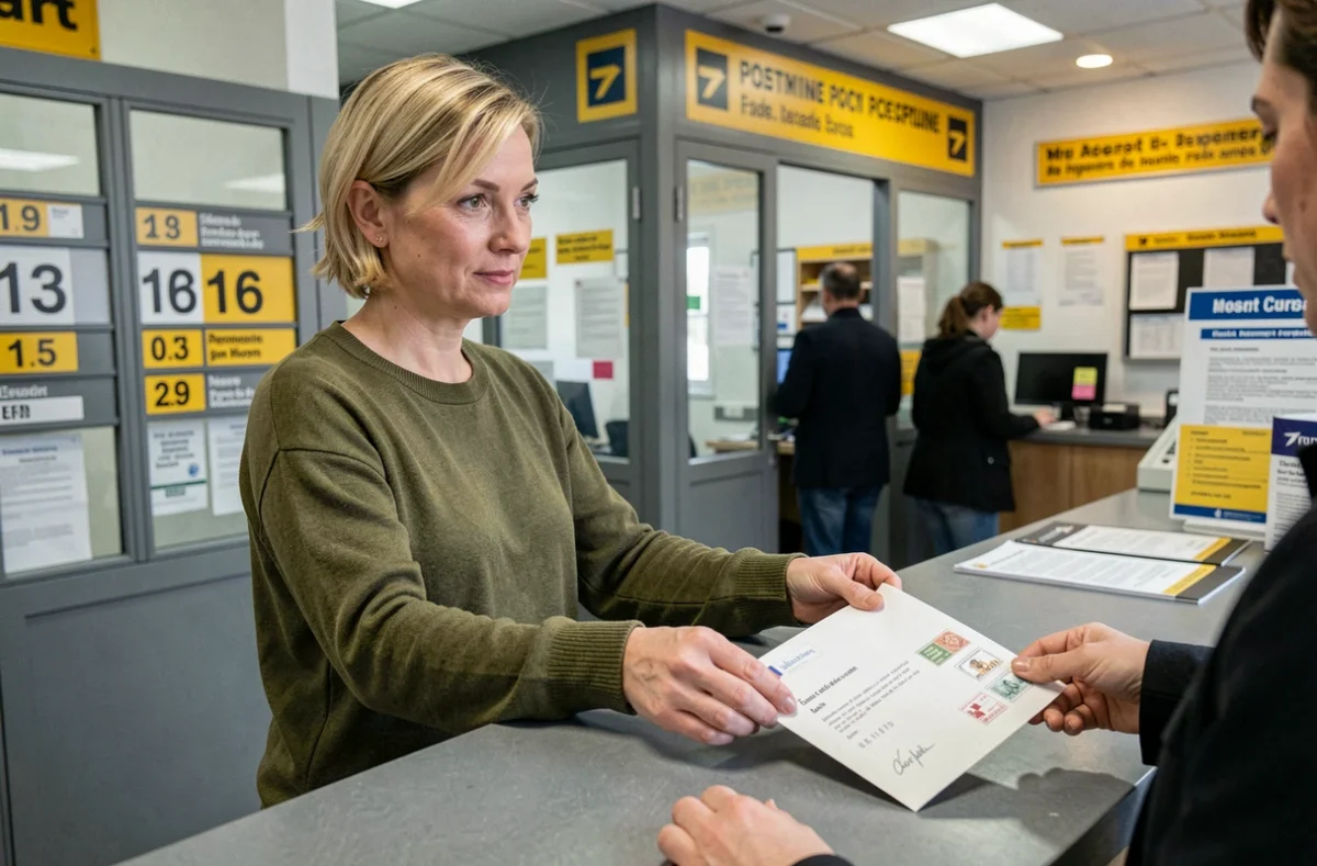 Femme envoyant une lettre de résiliation d'assurance voiture en recommandé à la poste