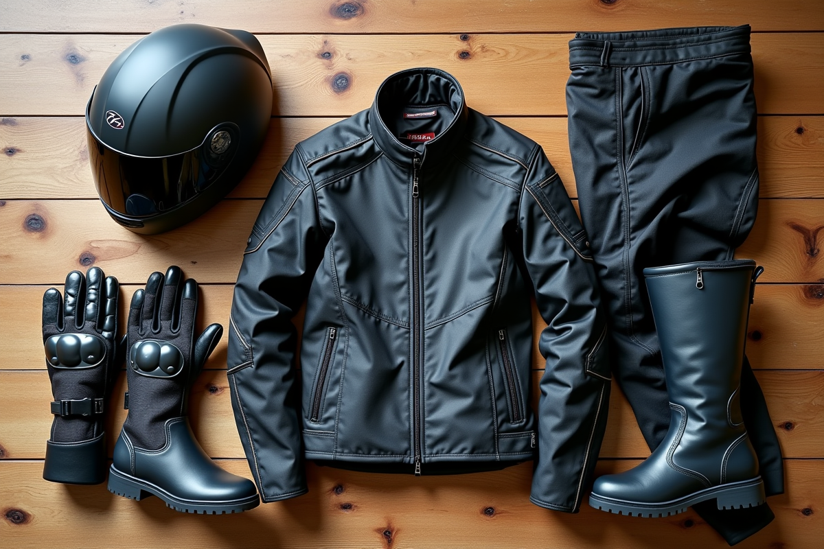 Garde-robe de moto avec casque et vêtements sur surface en bois
