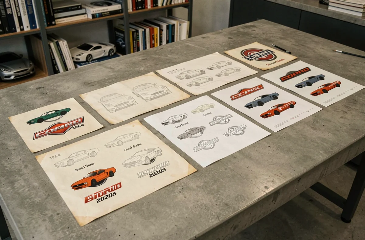Documents d'archives retraçant l'évolution du logo Ford Mustang de 1964 à nos jours sur un bureau de designer