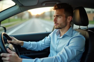 Jeune homme au volant d'une voiture lors d'un examen pratique du permis de conduire avec un inspecteur tenant un formulaire d'évaluation