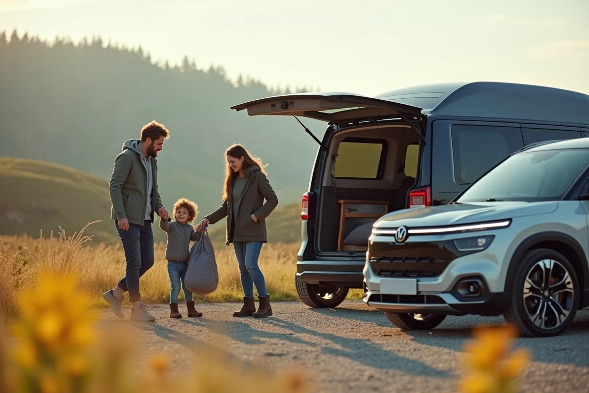 Famille chargeant du matériel dans un van avec voiture innovante
