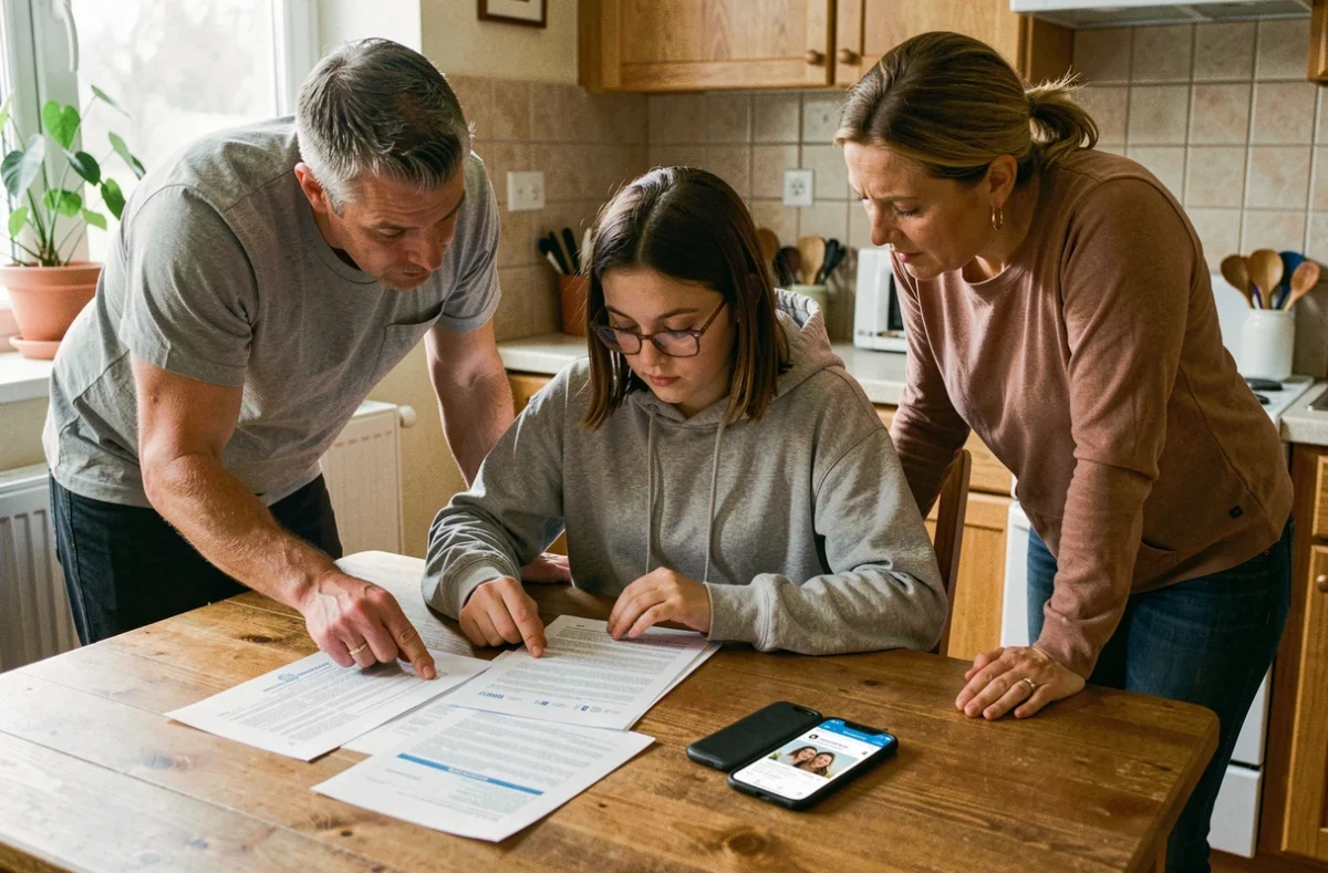 Jeune conductrice mineure et ses parents examinant des documents d'assurance moto 125 à la table de cuisine