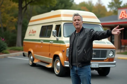 Homme enthousiaste pointant la van de la Team dans un parking