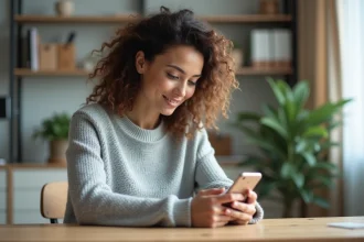 Femme utilisant l'application Victor by Direct Assurance sur smartphone pour gérer son contrat d'assurance auto