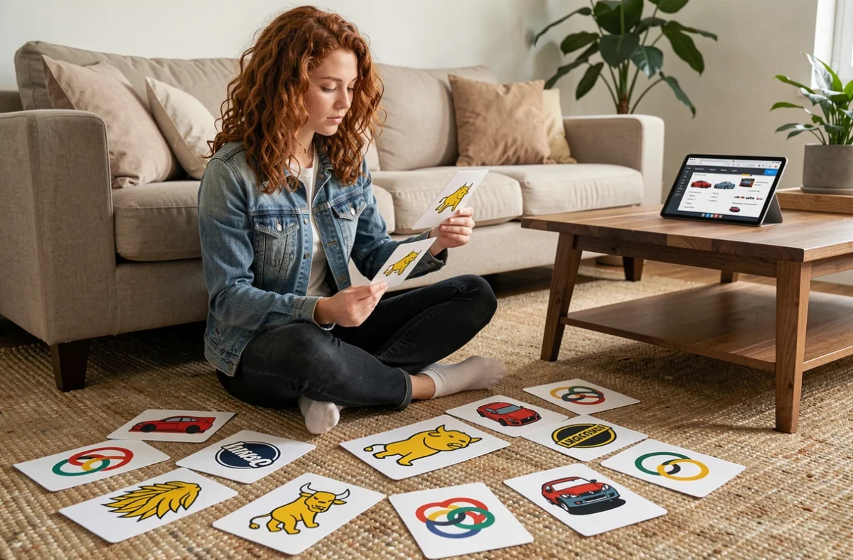 Jeune femme apprenant les logos de constructeurs automobiles avec des fiches illustrées à domicile