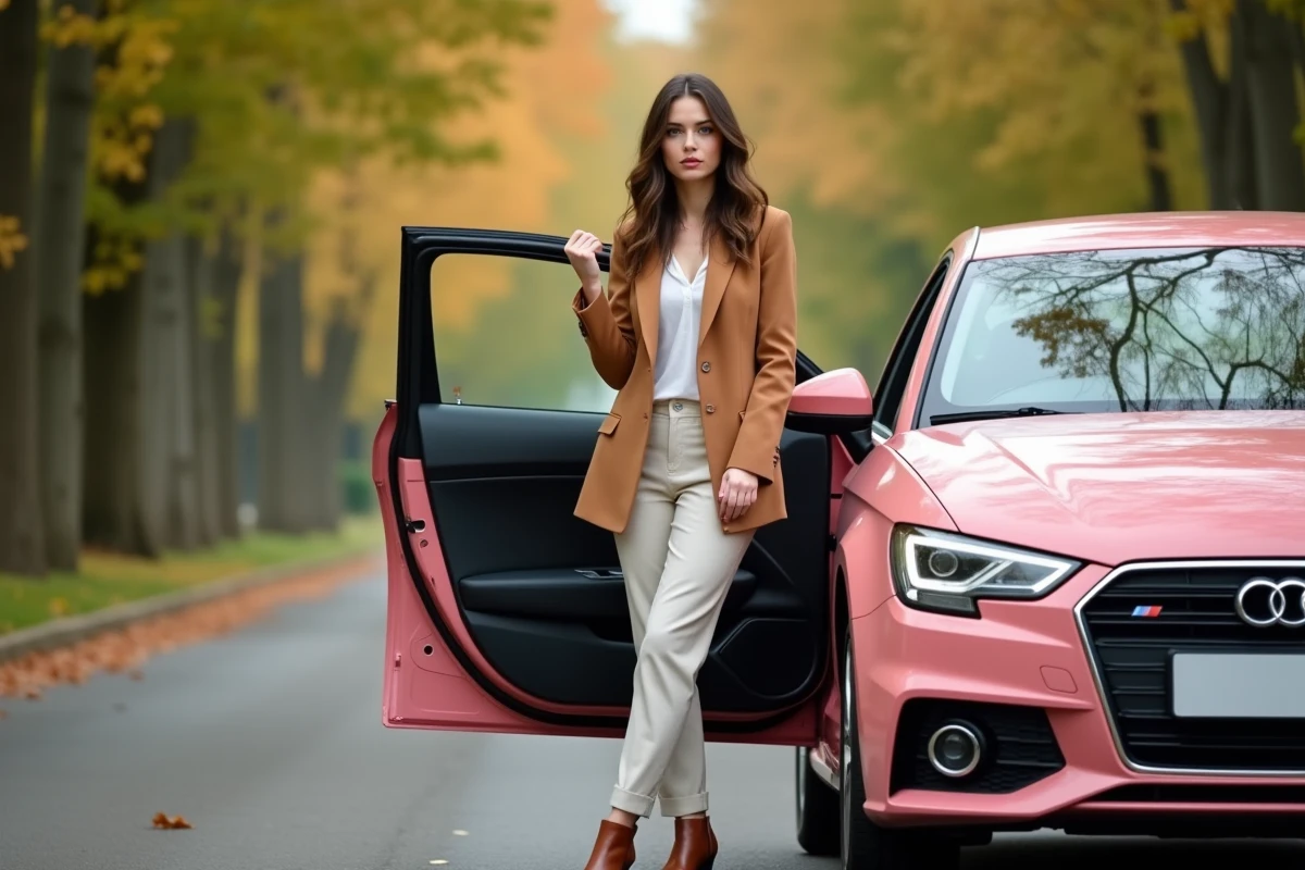 Femme élégante en tailleur camel ouvrant la portière d'une Audi A1 rose sur une avenue arborée en automne