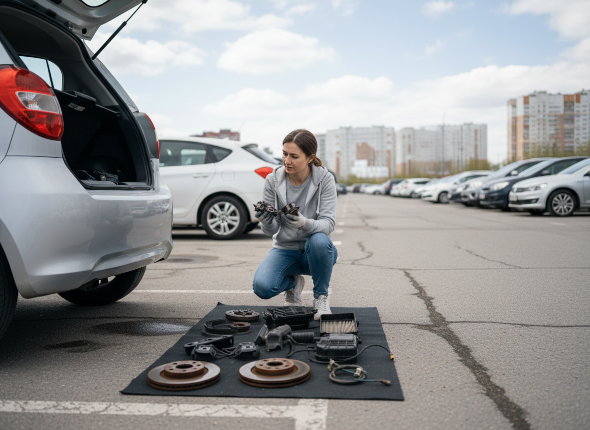 Femme examinant des pièces auto dans un parking