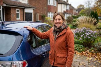 Femme souriante en automne près d'une voiture compacte