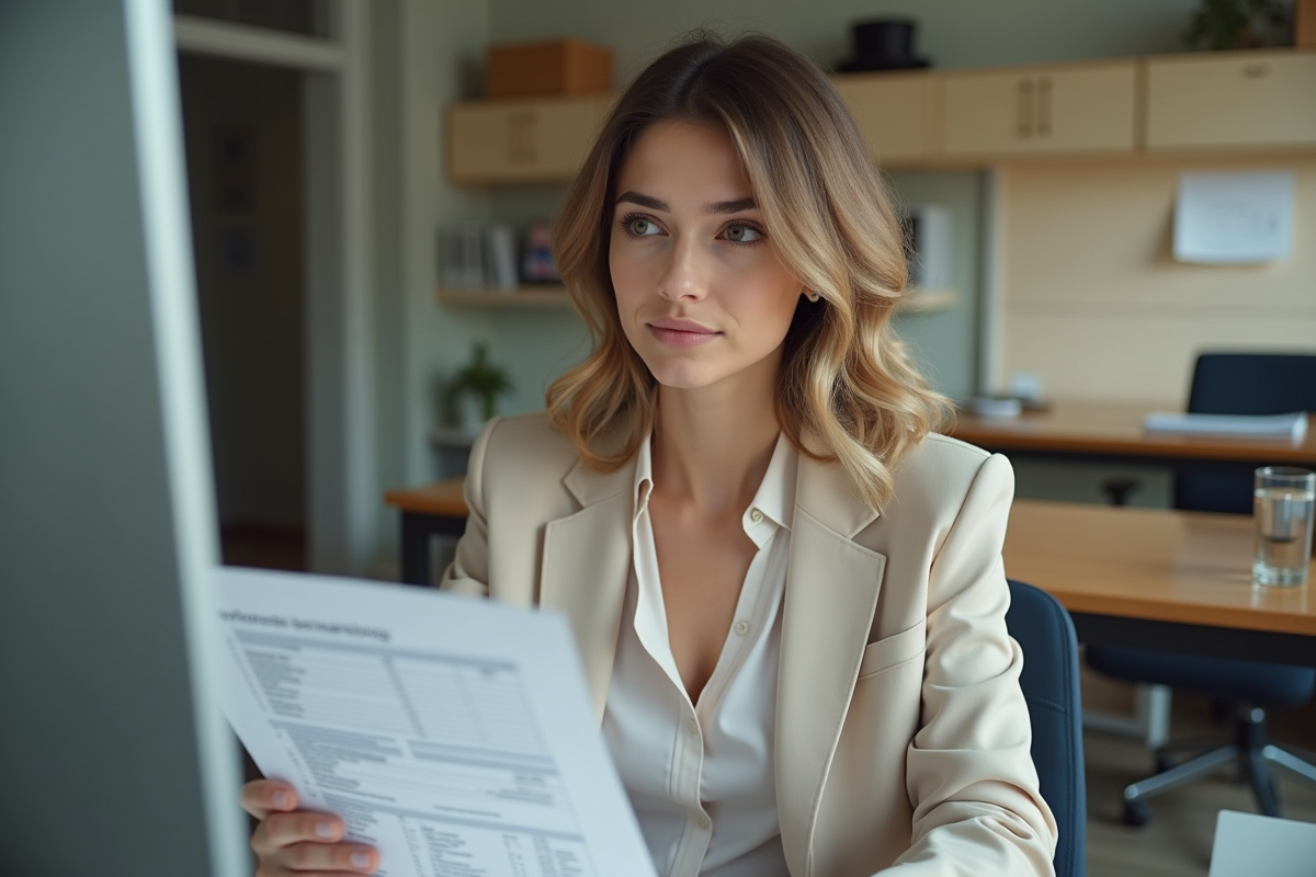 Jeune femme au bureau saisissant des données sur un document