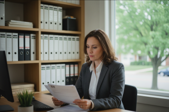 Femme d affaires dans un bureau regardant des documents auto