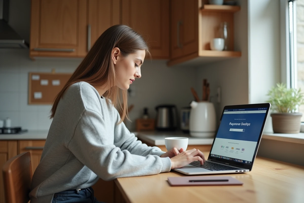 Jeune femme naviguant sur un site officiel dans sa cuisine