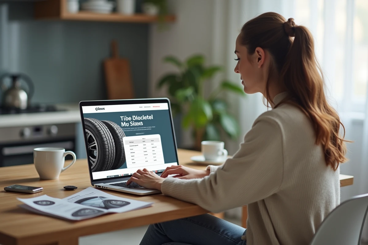 Femme utilisant un ordinateur pour calcul de pneus dans la cuisine