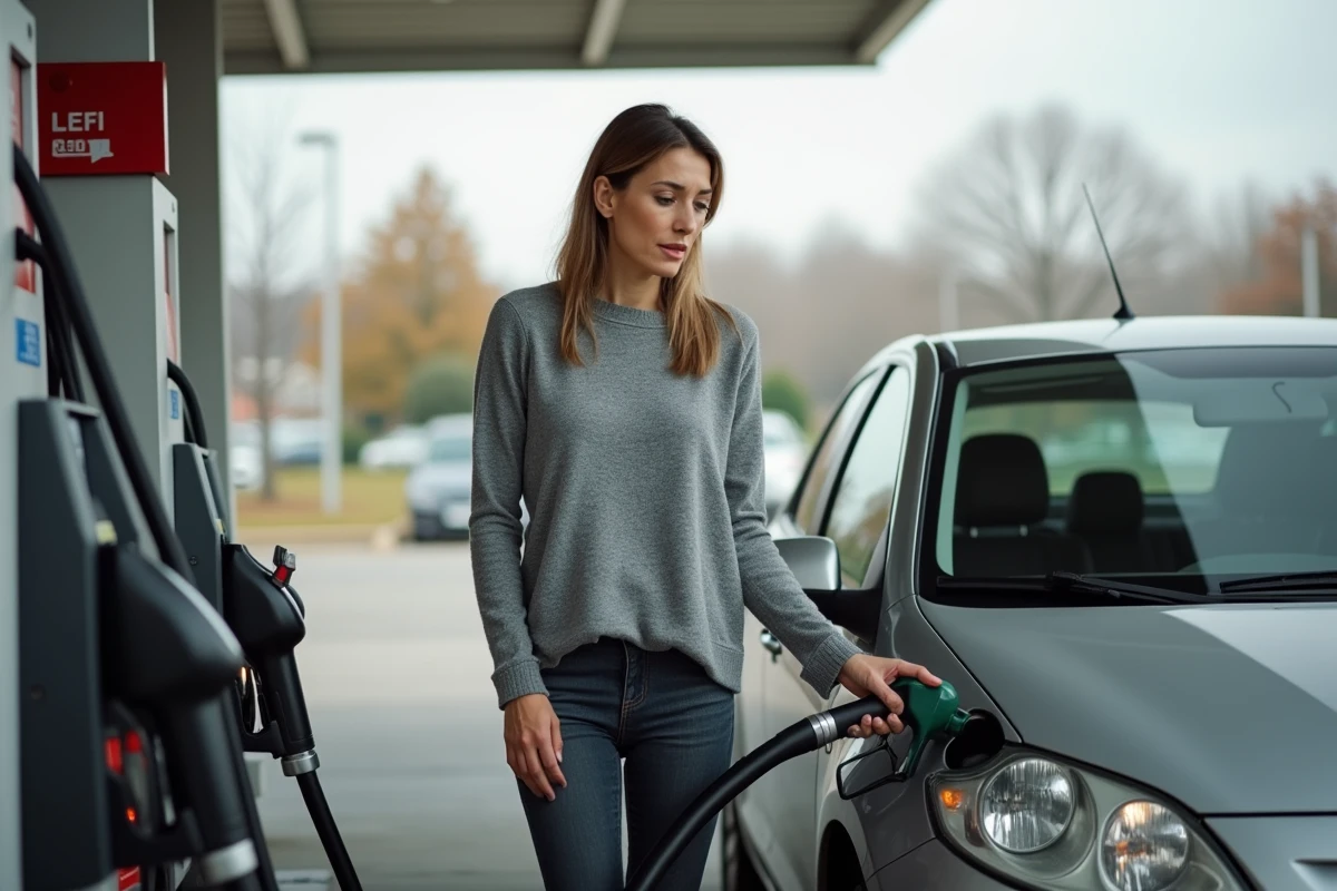 Femme faisant le plein à la station essence avec son véhicule