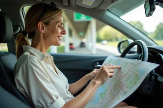 Femme consultant une carte routière dans une voiture garée sur une aire d'autoroute en France