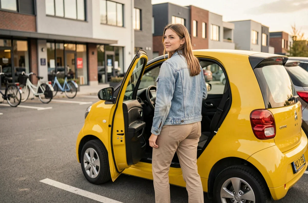 Jeune femme sortant d'une Citroën Ami jaune dans un parking urbain moderne